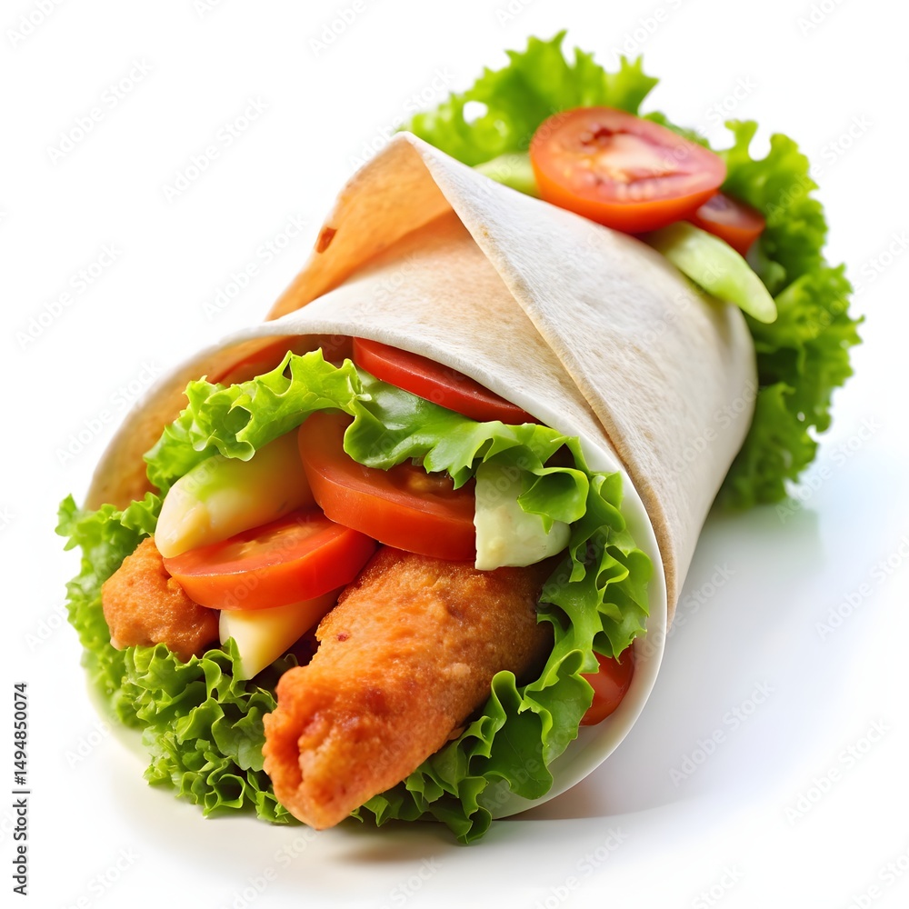 Obraz premium A crispy chicken wrap, tightly rolled with fresh veggies and a crispy fried chicken strip, on a white background