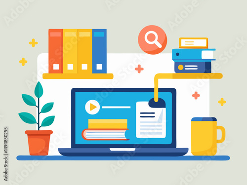 Flat style web search illustration with laptop, books, lamp and minimal décor