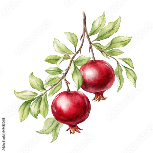 Two watercolor pomegranates hang ripe from a branch with green leaves art.
