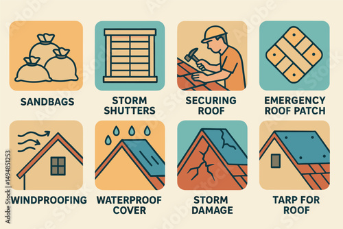 Roofing and storm protection icons set – 3d, isometric, repair and weatherproof symbols