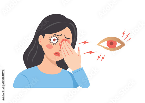 Woman suffer from eye pain and rub her tired eyes with hand. Conjunctivitis and other ophthalmology diseases symptoms. Vector illustration.