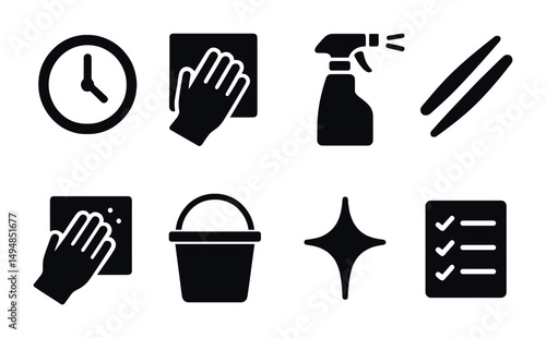 Cleaning and hygiene solid icons set – flat, filled, sanitation symbols
