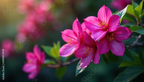 Vibrant fuchsia blossoms, intricate leafy details, floral background, wallpaper