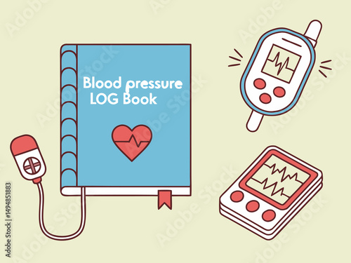 Digital health tools concept featuring log book, glucose monitor, and stethoscope elements