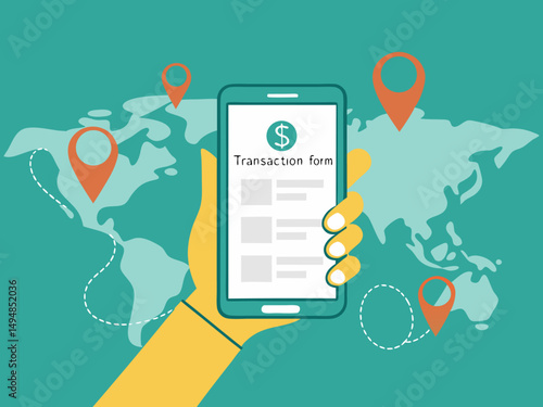 Digital banking concept with smartphone transaction form and worldwide finance symbols in flat design