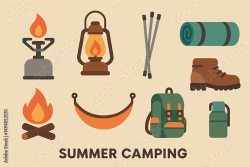Camping and outdoors flat icons set – silhouette, adventure, hiking essentials
