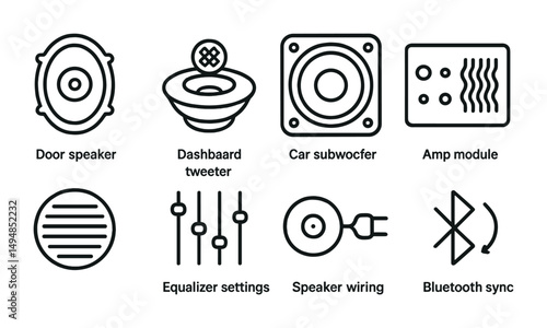 Audio and speaker outline icons set – sound, music, stereo symbols