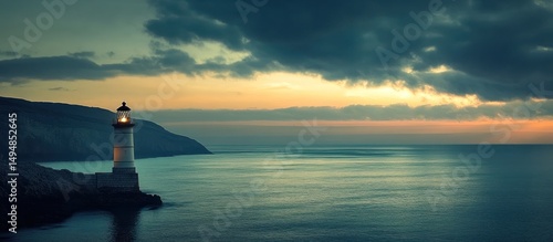 A lighthouse stands on a rocky shore during sunset with clouds