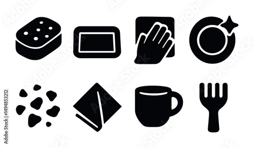Cleaning tools silhouette icons set – flat, household, hygiene essentials