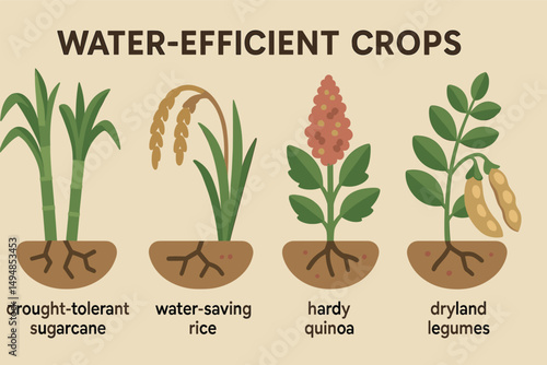 Water-efficient crops icons set – flat, filled, sustainable agriculture symbols
