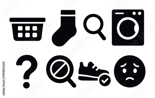 Laundry and cleaning solid icons set – filled, household, washing symbols