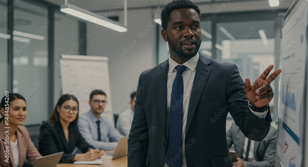 Fototapeta premium Confident Black businessman leading presentation, explaining strategy diverse team colleagues modern office conference room. Corporate meeting, data analysis, business development, teamwork