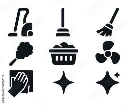 Cleaning and hygiene icons set – solid, household, sanitation symbols