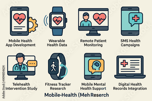 Mobile health and wellness flat icons set – digital, telehealth, app development symbols