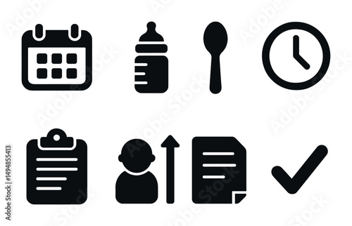 Daily essentials solid icons set – silhouette, filled, everyday symbols