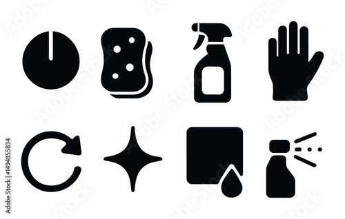 Cleaning tools solid icons set – silhouette, filled, housekeeping and hygiene symbols