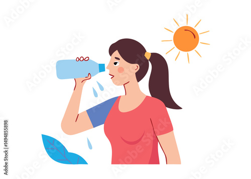 
Woman suffering from heat, sweating and drinking fresh water from bottle to prevent dehydration on hot summer day. Hydration concept. Vector illustration.