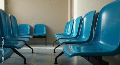 Empty blue plastic chairs in a waiting room, arranged in rows, reflecting light.  A sterile and slightly impersonal atmosphere