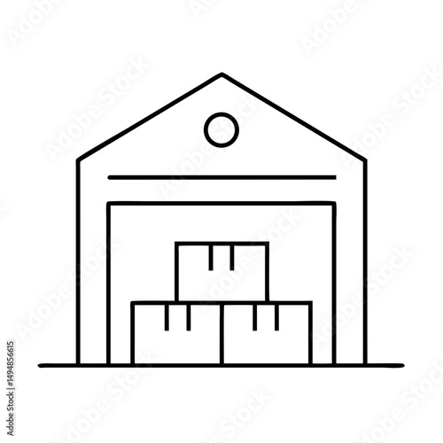 Customs warehouse icon depicting simple line art of storage building with stacked boxes. Warehouse icon shows simple boxes inside building representing storage and logistics. 