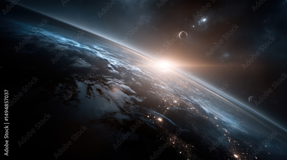 Fototapeta premium Sunrise Over Earth From Space With Moon, Representing Exploration and Environmental Awareness, Suitable For Science and Technology Presentations : Generative AI