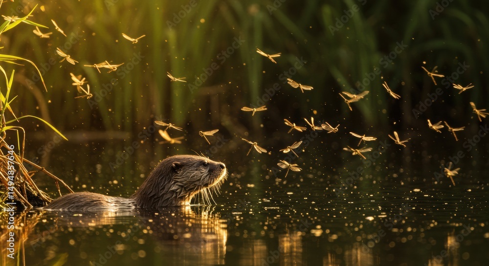Obraz premium Otter swimming in a serene pond surrounded by dragonflies at sunset, showcasing nature's beauty - images of otters