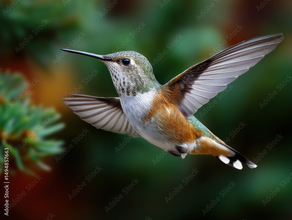 Naklejka premium Rufous Hummingbird in Flight Against Blurred Greenery, Symbolizing Wildlife Conservation and Ecotourism Adventures in Nature : Generative AI