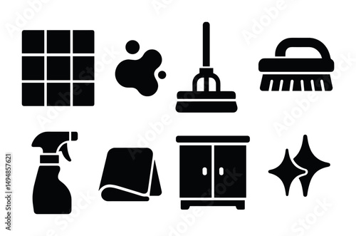Home cleaning silhouette icons set – tidy, neat, household essentials symbols