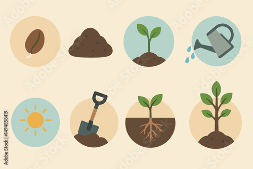 Gardening flat icons set – filled, planting, horticulture and cultivation symbols