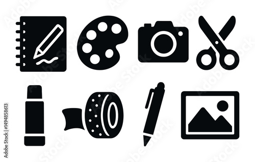 Art and craft solid icons set – filled, creative, design tools collection