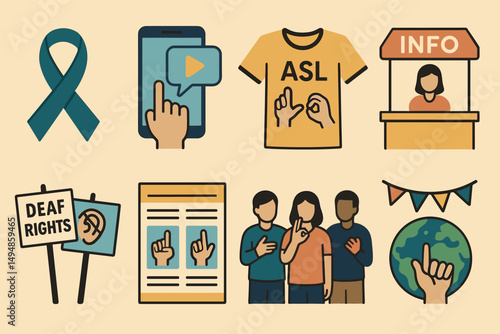 Deaf awareness icon set – flat, outline, sign language and inclusion symbols