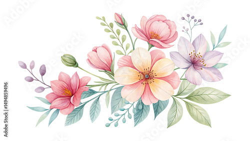 Watercolor painting of a beautiful pastel floral bouquet corner arrangement featuring various flowers and leaves