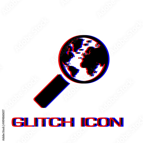 Global search icon flat. Simple pictogram - Glitch effect. Vector illustration symbol