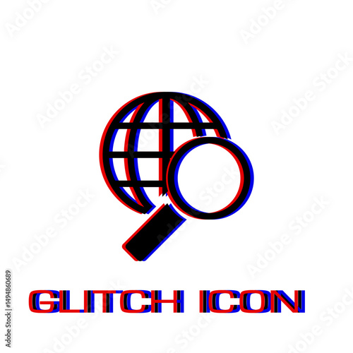 Magnify globe icon flat. Simple pictogram - Glitch effect. Vector illustration symbol