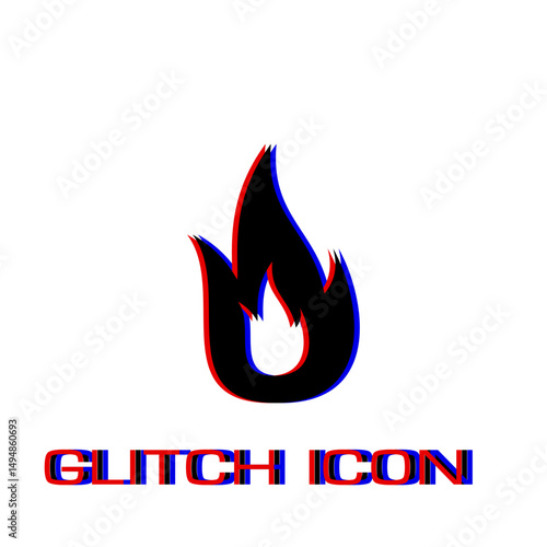 Fire icon flat. Simple pictogram - Glitch effect. Vector illustration symbol
