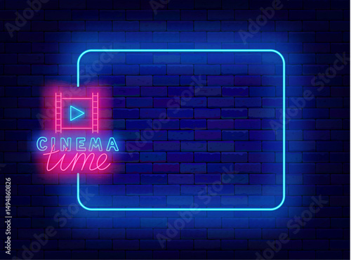 Cinema time neon invitation. Movie theater flyer. Film watching open. Light greeting card. Vector stock illustration