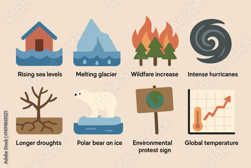 Climate change flat icons set – solid, environmental, global warming symbols
