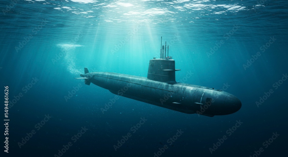 A submerged submarine glides underwater, illuminated by sun rays, emitting bubbles, showcasing its silhouette A submerged submarine glides underwater, illuminated by sun rays, emitting bubbles, showcasing its silhouette