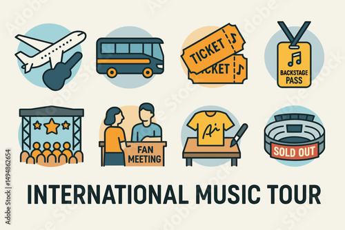 International music tour icons set – flat, outline, concert and event graphics