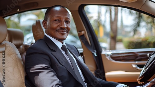 A distinguished man inside of a luxury vehicle poses confidently