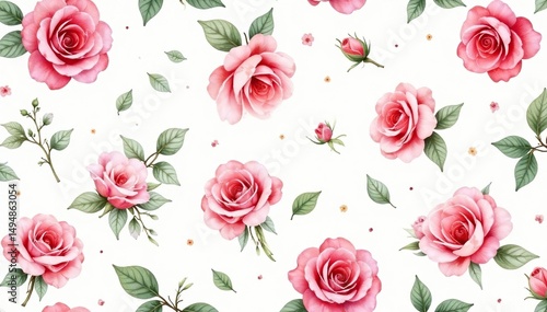Delicate watercolor roses & leaves, repeat pattern, graphics, tileable