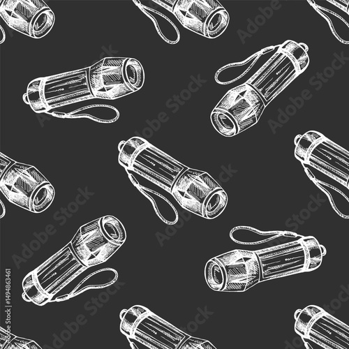 Hand drawn vintage sketch of flashlight seamless pattern in white on chalkboard background
