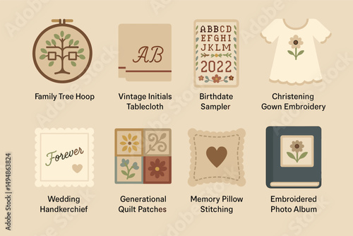 Embroidery and sewing icons set – flat, filled, stitching and needlecraft symbols