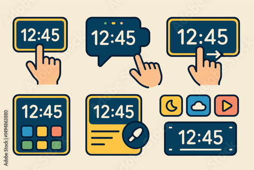 Digital clock linear icons set – gadget, time, interface symbols in outline style