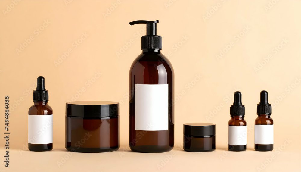 Various amber bottles and jars with blank labels arranged on a soft beige background Various amber bottles and jars with blank labels arranged on a soft beige background