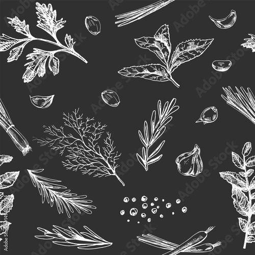 Hand drawn vintage sketch of cooking herbs and vegetables seamless pattern on chalkboard background