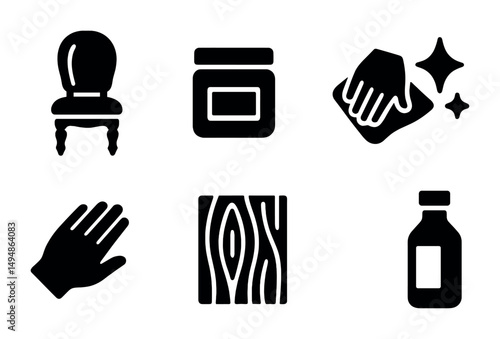 Home cleaning solid icons set - housekeeping, maintenance, hygiene symbols