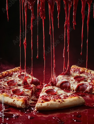 Dripping red sauce cascades onto a pepperoni pizza, creating a dramatic, almost bloody effect against a dark background