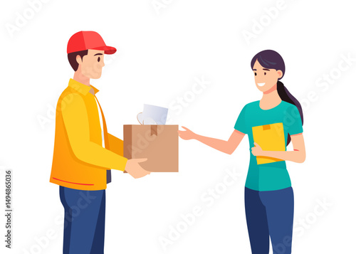 Delivery man, courier, postman giving paper bag with order to customer. Woman character receive package. Shipping service, logistic concept. Vector illustration. 