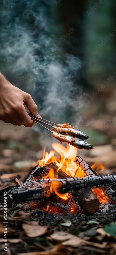 Fototapeta premium Grilling fresh fish over campfire outdoor nature food photography