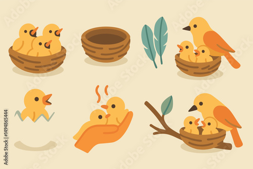 Bird nest icons set – flat, nature, wildlife habitat visual symbols